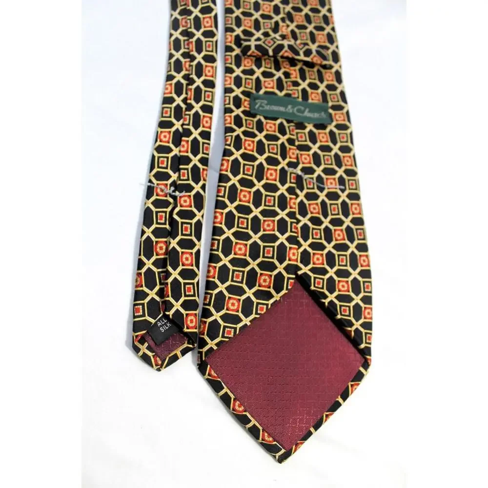 Brown & Church Silk Necktie, Black/Gold/Red Geometric, 3.75 X 58 Inches